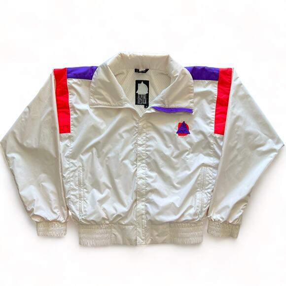 Vintage 80s Alpine Design Lined Windbreaker Nylon Zip Jacket Pink White Purple M - Picture 3 of 14